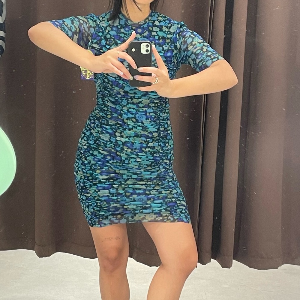 GANNI blue floral ruched dress